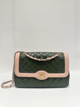 Chanel Green Pink Timeless Classic Flap Leather Handbag