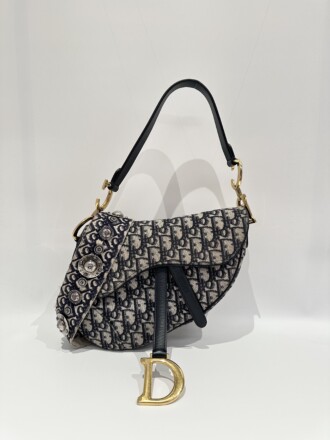 Dior Blue Saddle Cloth Handbag Medium Size With Strap