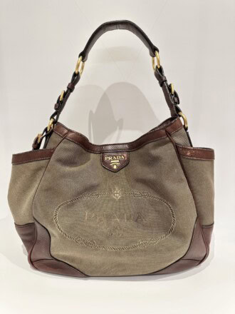Prada Vintage Green Brown Canvas Tote Bag