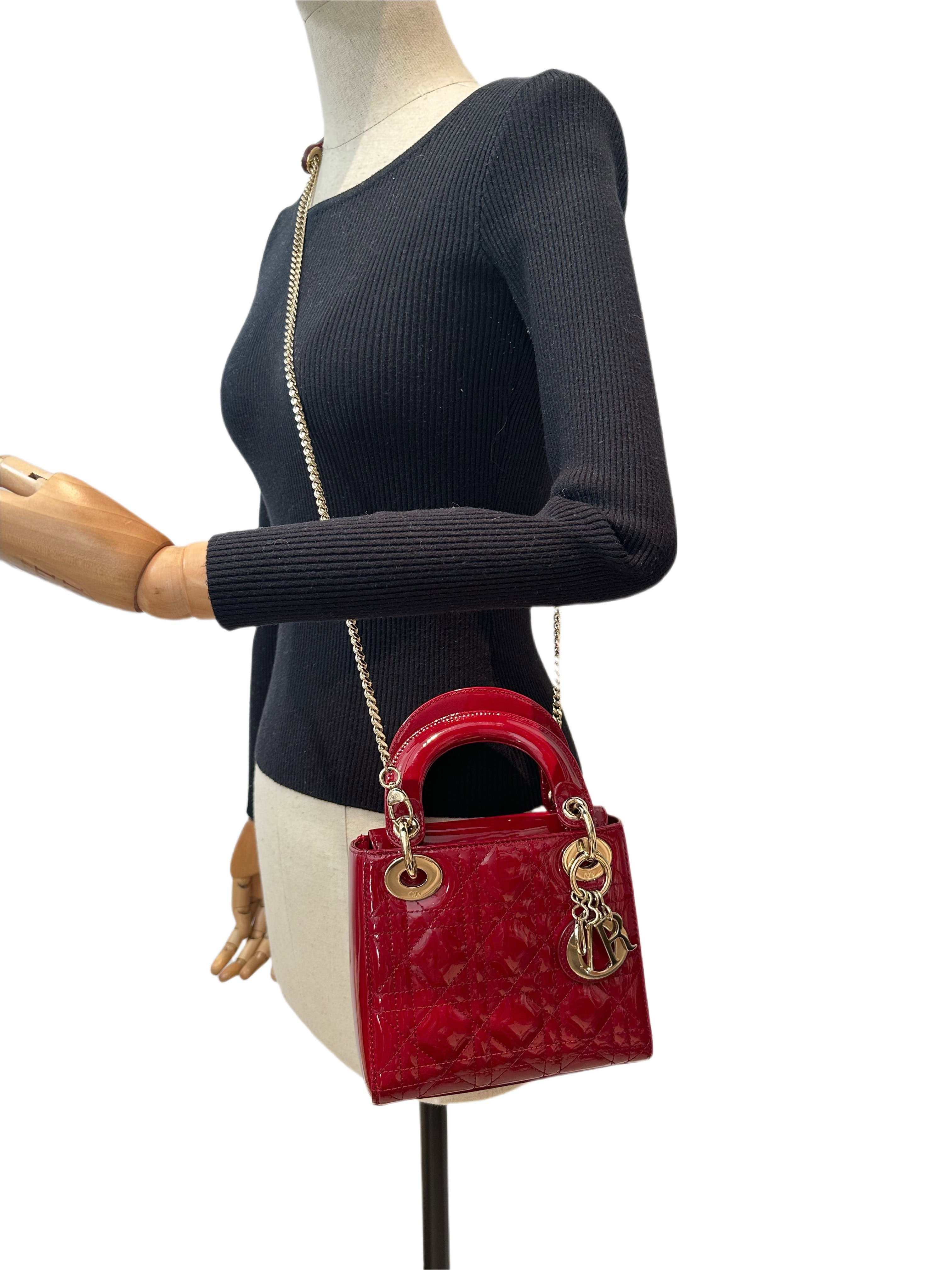 Dior Cherry Red Lady Dior Mini Patent Leather Crossbody Bag - Image 16