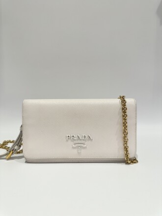 Prada White Saffiano Leather Wallet On Chain