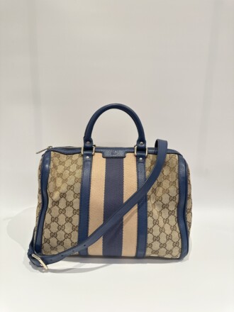 Gucci GG Canvas Boston Blue Brown Crossbody Bag