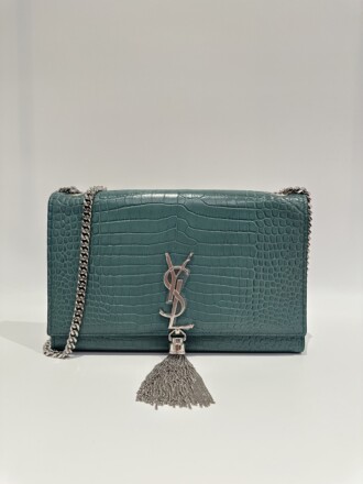 Saint Laurent Green Calfskin Crocodile Embossed Monogram Small Kate Tassel Satchel