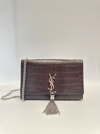 Saint Laurent Croc Medium Kate Tassel with Silver Hardware