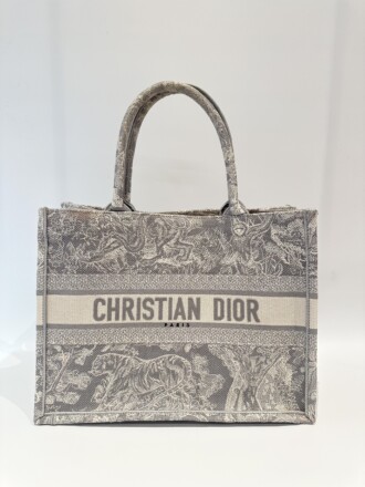Christian Dior Light Grey Medium Embroidered Toile De Jouy Canvas Book Tote