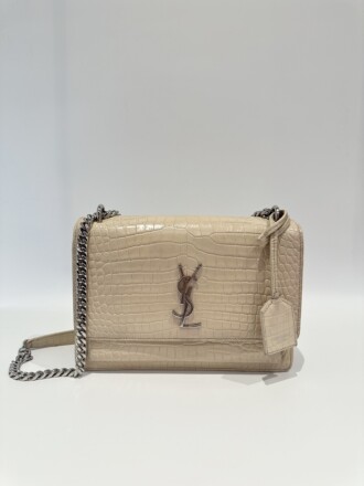 Saint Laurent Beige Monogram Sunset Calfskin Crocodile Embossed Shoulder Bag