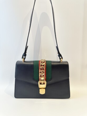 Gucci Black Sylvie Medium Double Strap Leather Bag