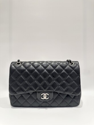 Chanel black silver hardware jumbo timeless classic double flap handbag