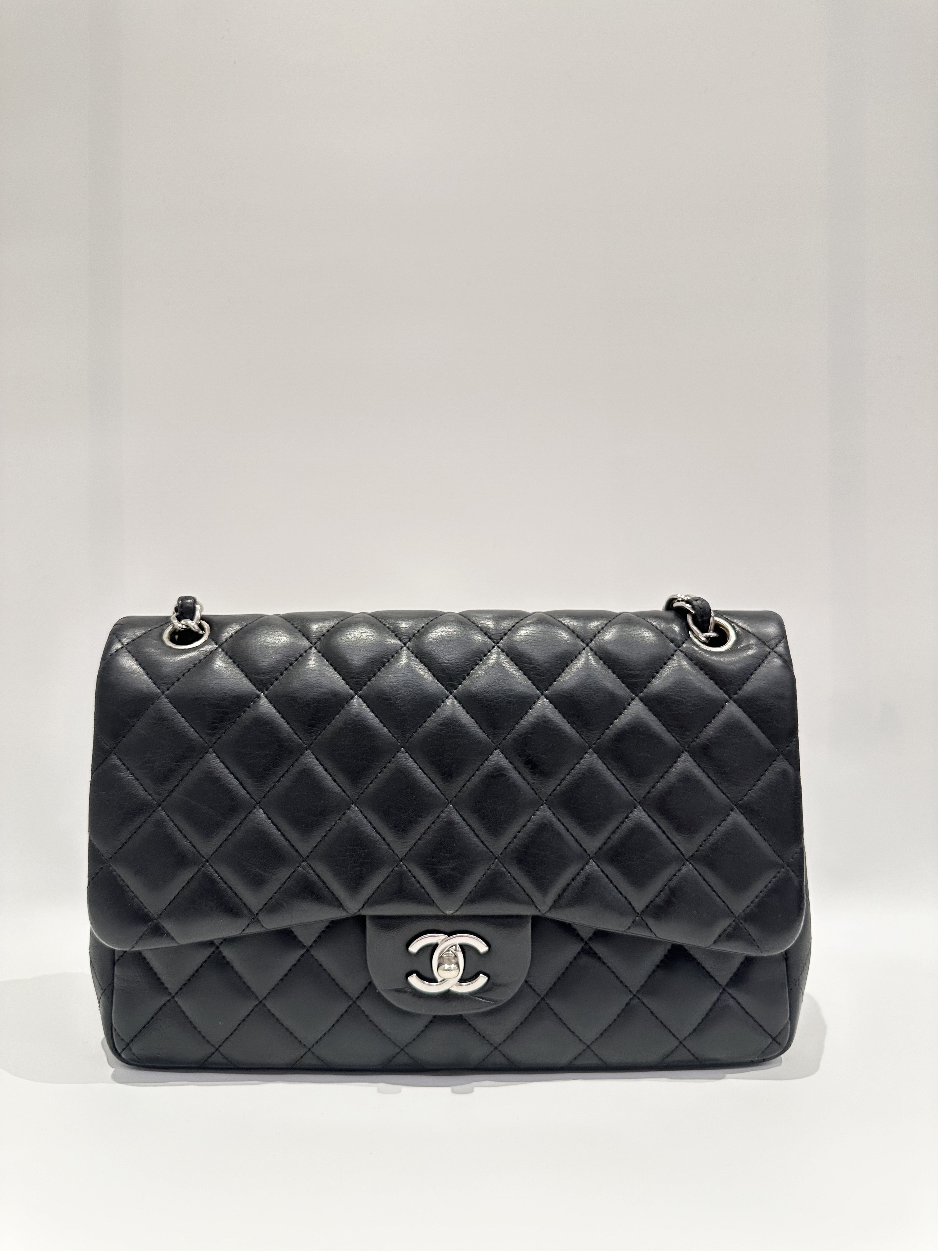Chanel black silver hardware jumbo timeless classic double flap handbag
