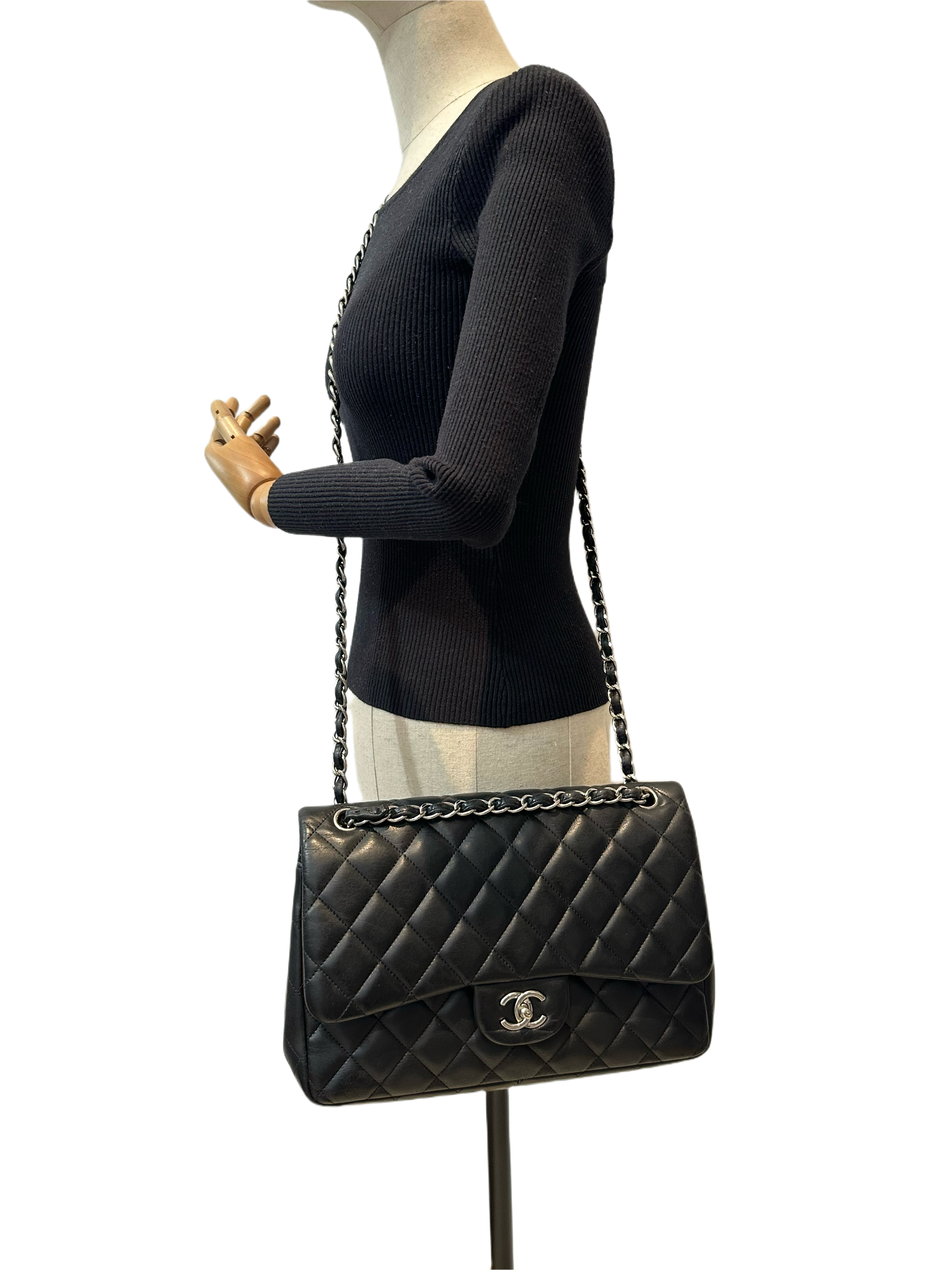 Chanel black silver hardware jumbo timeless classic double flap handbag - Image 22