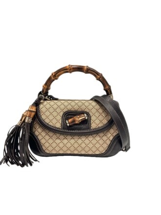 Gucci Beige Brown Convertible Pompon Bamboo Top Handle Cloth Handbag