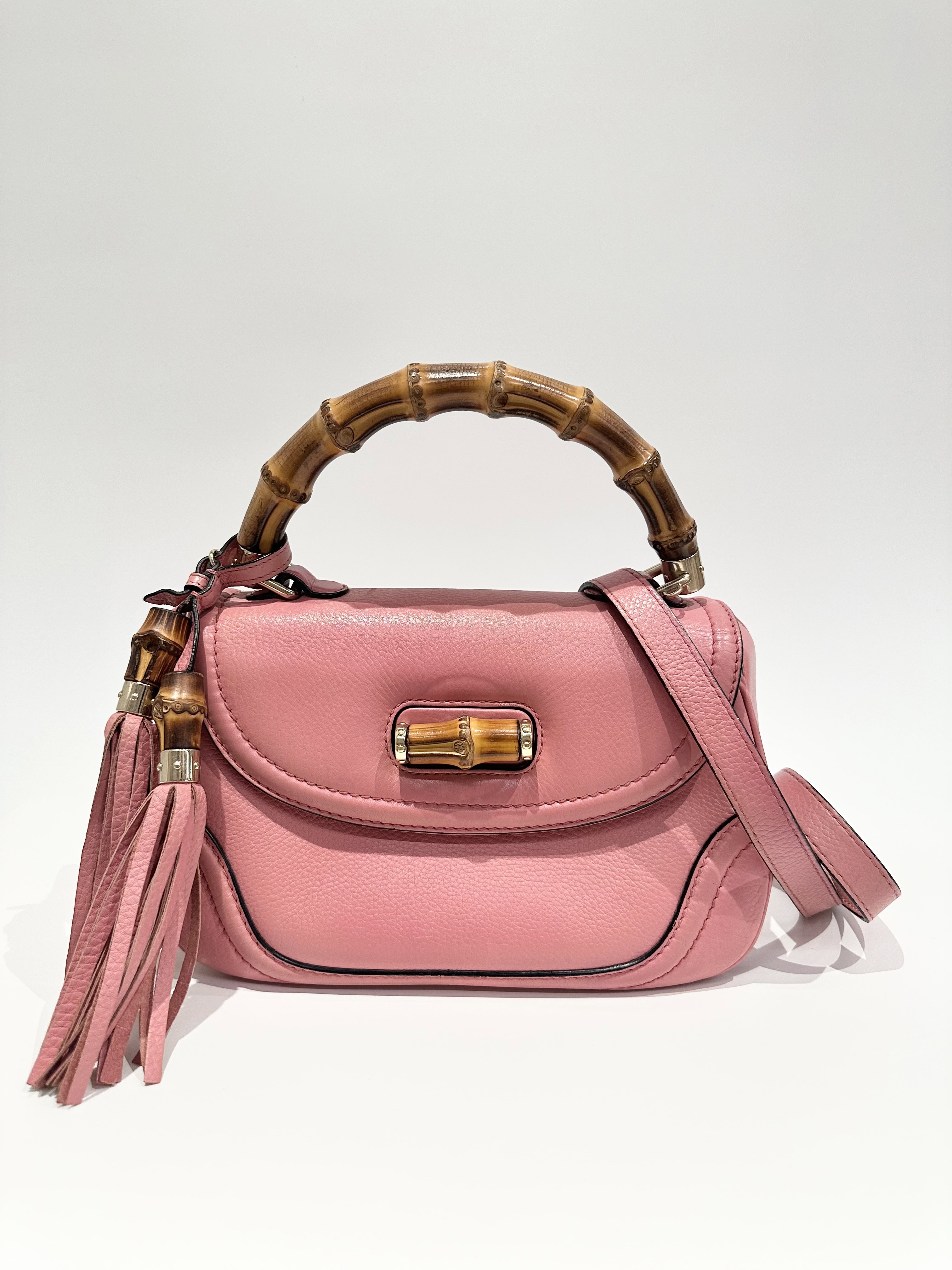 Gucci Pink Convertible Bamboo Top Handle Leather Handbag
