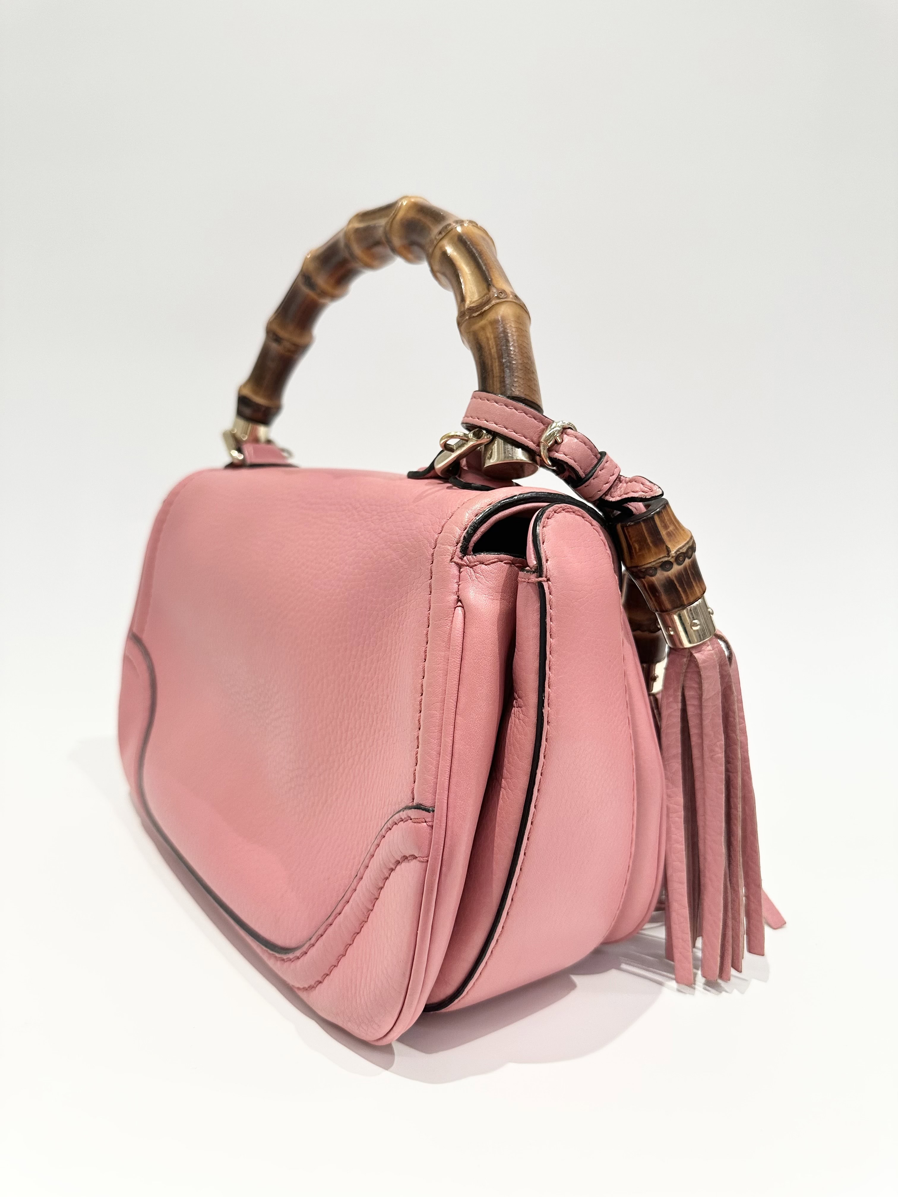 Gucci Pink Convertible Bamboo Top Handle Leather Handbag - Image 4