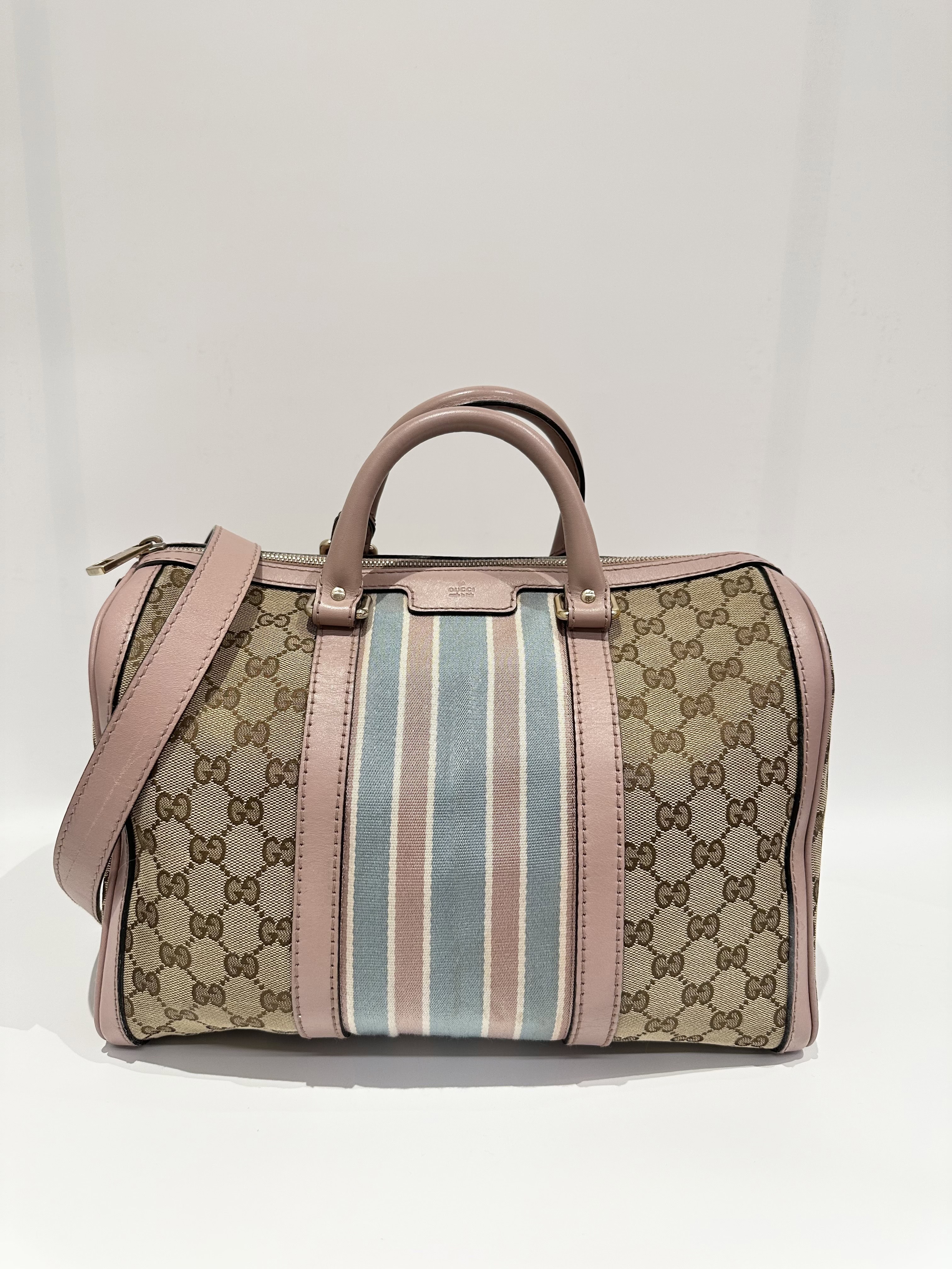 Gucci Pink Beige Boston GG Canvas Handbag