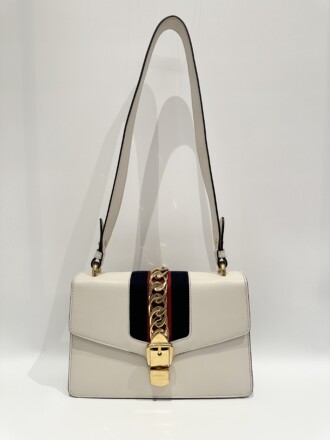 Gucci White Sylvie Medium Size Leather Shoulder Bag