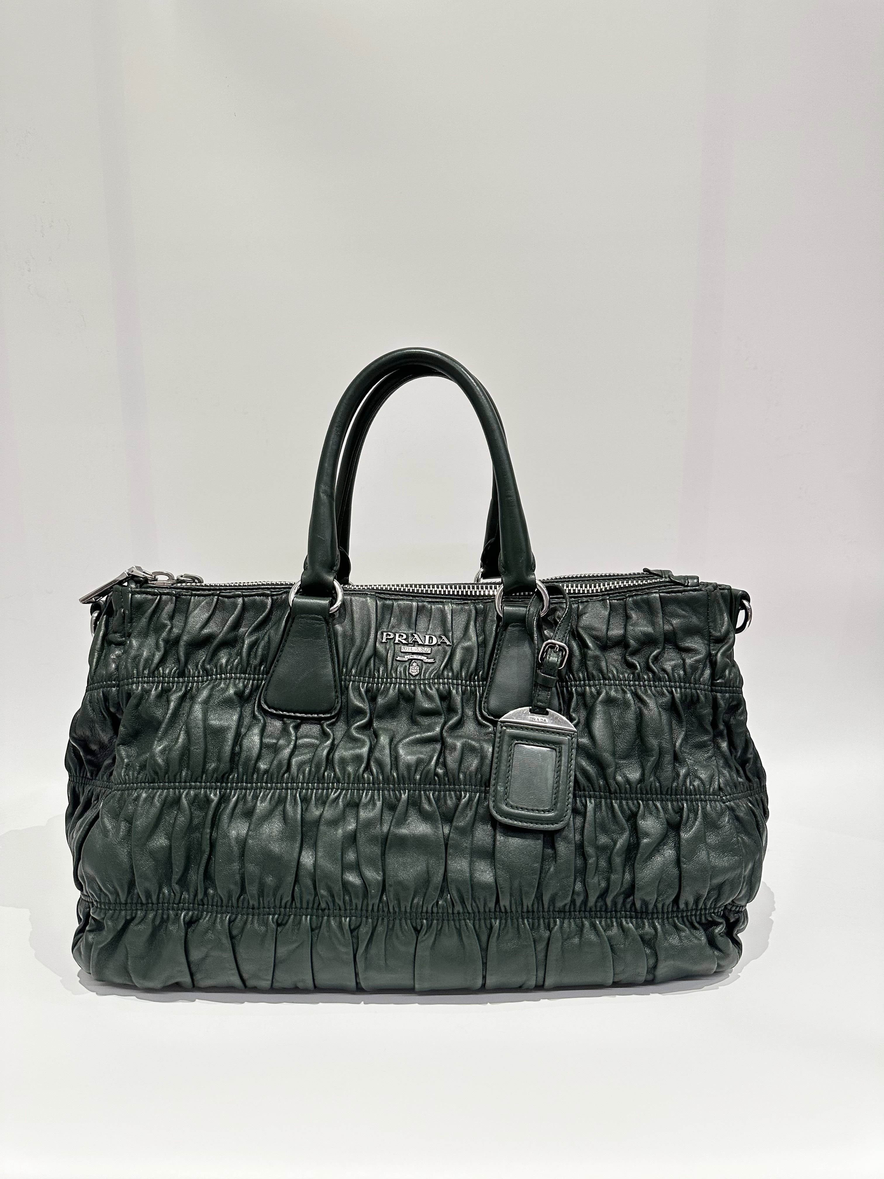 Prada Green Nappa Gaufre Double Zip Tote Leather Bag