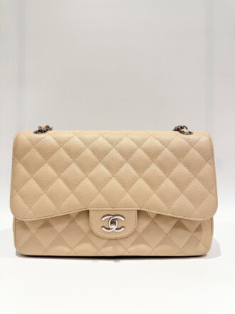 Chanel Beige Classic Timeless Double Flap Jumbo Caviar Leather Handbag Silver Hardware