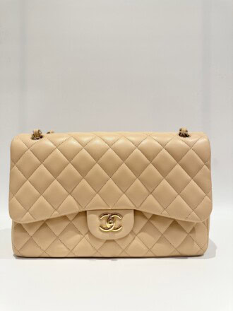 Chanel Beige Classic Timeless Double Flap Jumbo Leather Handbag Gold Hardware