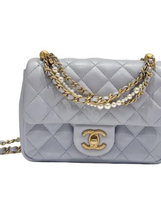 Chanel Pearl Chain Mini Flap Bag Pearly Light Blue Lambskin Aged Gold Hardware 24P