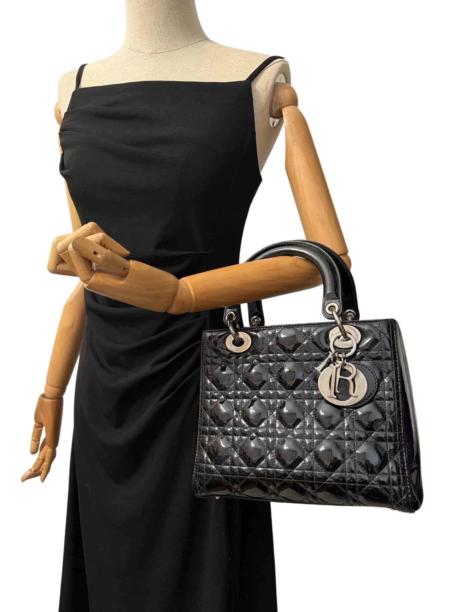 Dior Black Lady Dior Patent Leather Handbag Medium Size - Image 14