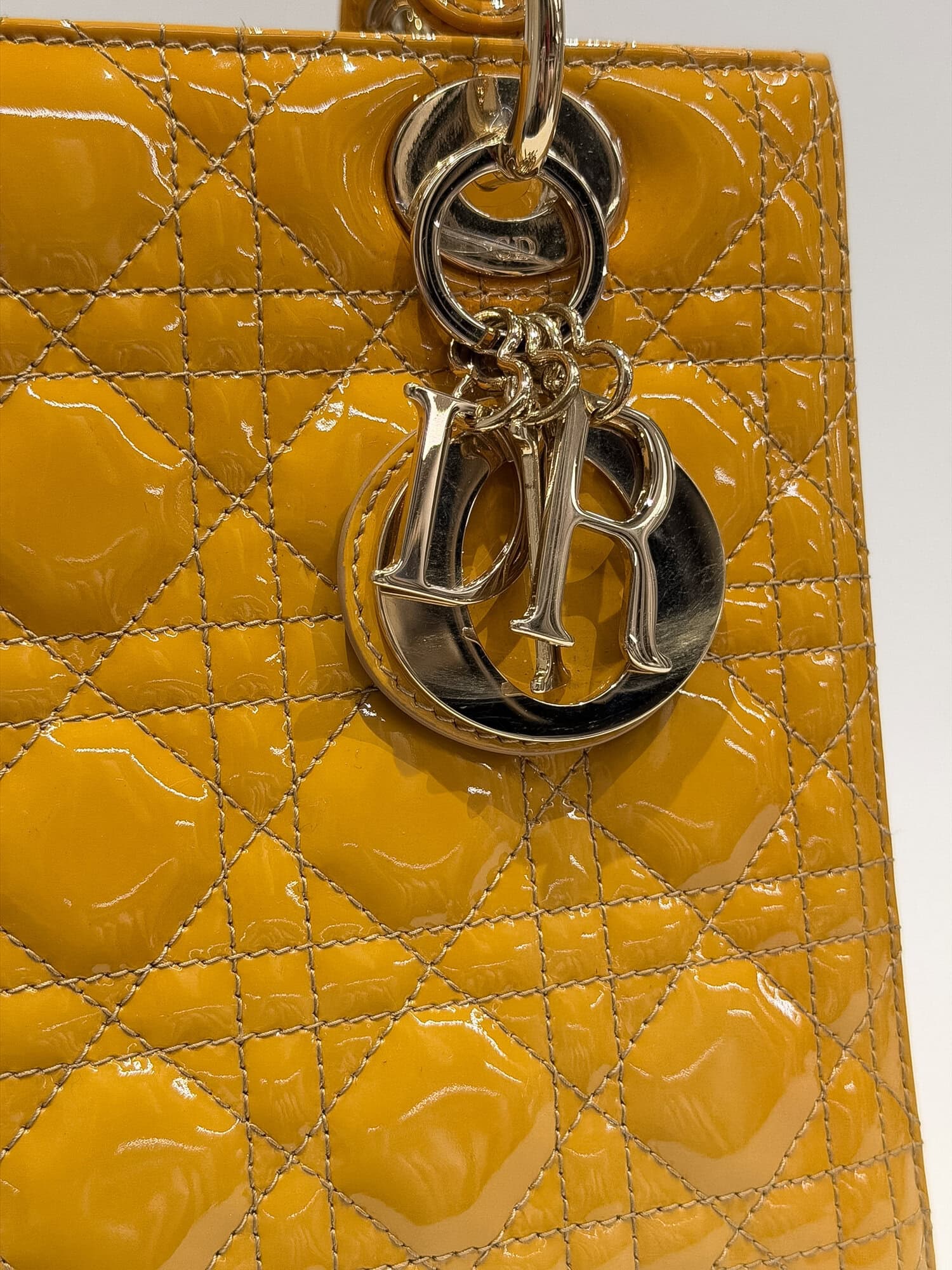 Dior Mustard Yellow Lady Dior Patent Leather Handbag - Image 10