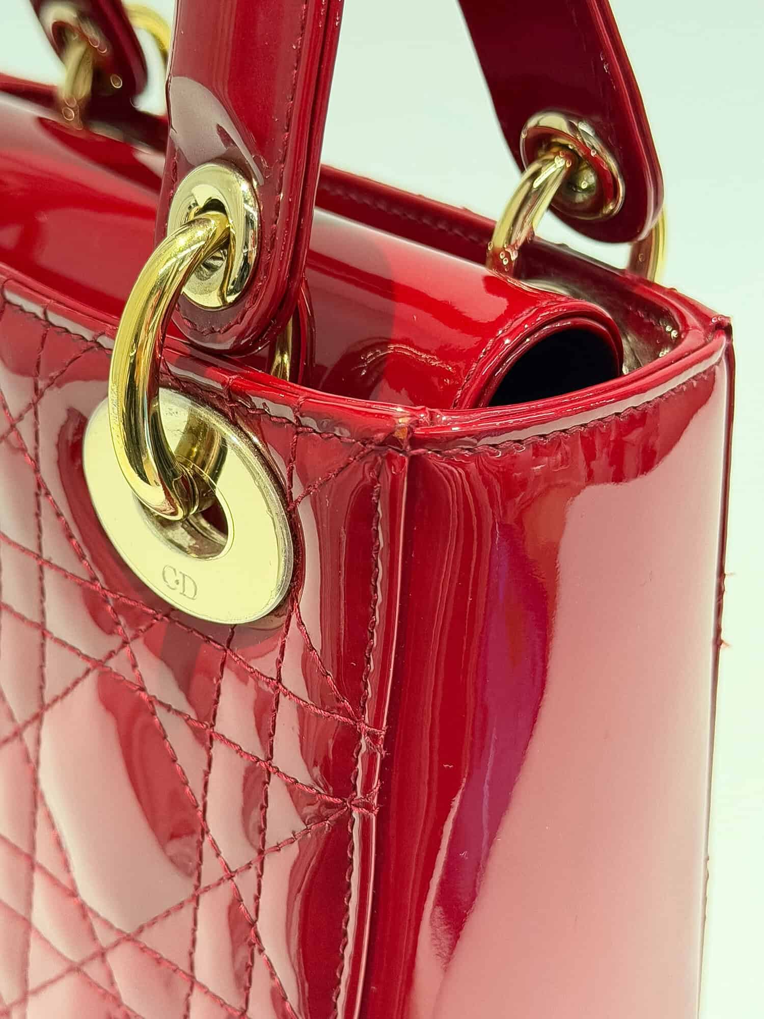 Dior Cherry Red Lady Dior Patent Leather Handbag - Image 13