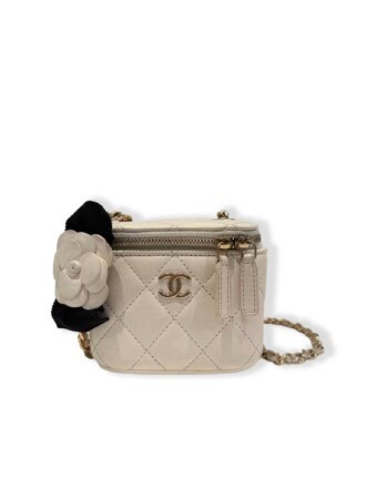 Chanel White Camellia Bow Mini Vanity Leather Bag