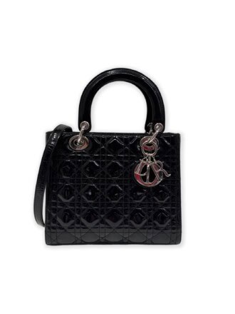 Dior Black Lady Dior Patent Leather Handbag Medium Size