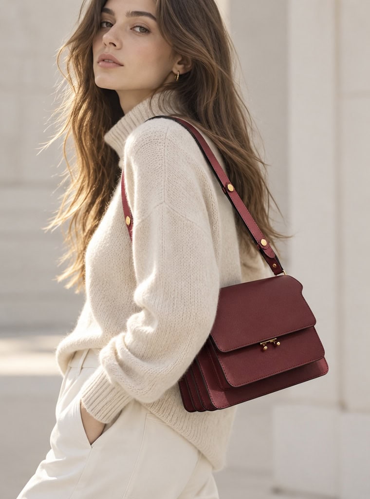 Marni Burgundy Trunk Leather Shoulder Bag Medium Size - Image 2