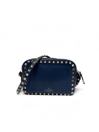 Valentino Garavani Navy Blue Rockstud Leather Camera Crossbody Bag