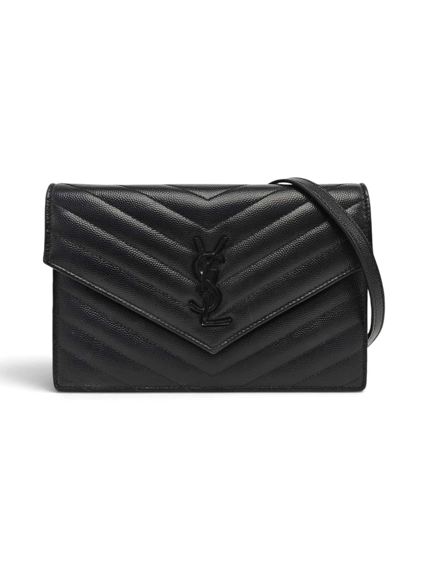 Saint Laurent Black Cassandre Envelope Leather Wallet On Chain